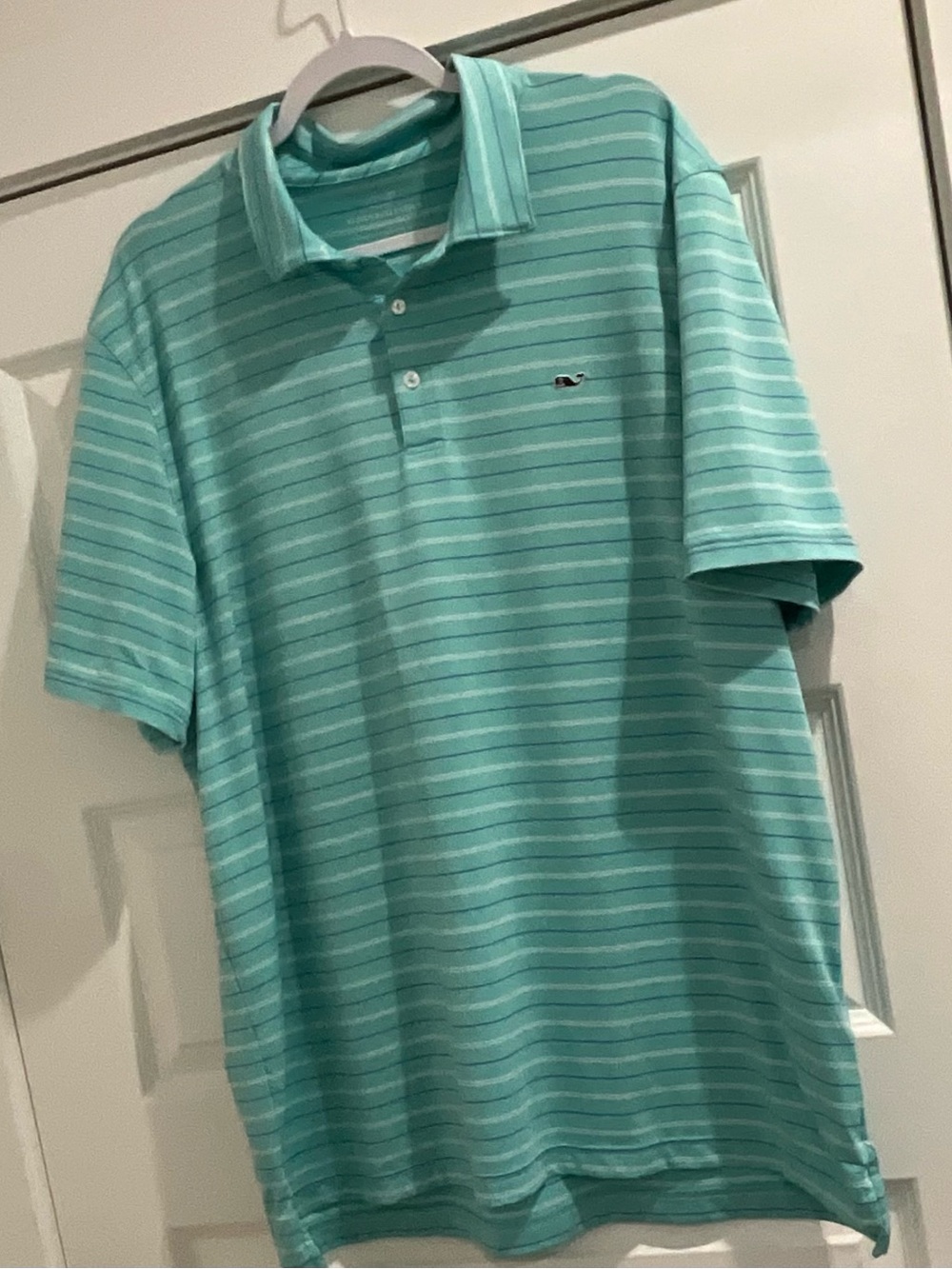 Men’s Vineyard Vines Aqua Striped Polo with navy whale Sz XL